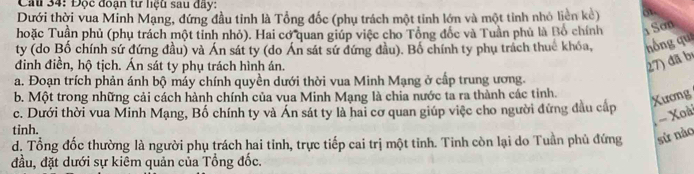 Cầu 34: Độc đoạn tư liệu sau đây:
Dưới thời vua Minh Mạng, đứng đầu tỉnh là Tổng đốc (phụ trách một tỉnh lớn và một tinh nhỏ liền kề) o1
hoặc Tuần phủ (phụ trách một tỉnh nhỏ). Hai cơ quan giúp việc cho Tổng đốc và Tuần phủ là Bồ chính a Sơn
ty (do Bố chính sứ đứng đầu) và Án sát ty (do Án sát sứ đứng đầu). Bố chính ty phụ trách thuê khóa, h ồng qu
đinh điền, hộ tịch. Án sát ty phụ trách hình án.
27) đã bị
a. Đoạn trích phản ánh bộ máy chính quyền dưới thời vua Minh Mạng ở cấp trung ương.
b. Một trong những cải cách hành chính của vua Minh Mạng là chia nước ta ra thành các tinh.
Xương
c. Dưới thời vua Minh Mạng, Bố chính ty và Án sát ty là hai cơ quan giúp việc cho người đứng đầu cấp
= Xoà
tinh.
d. Tổng đốc thường là người phụ trách hai tỉnh, trực tiếp cai trị một tinh. Tinh còn lại do Tuần phủ đứng sử nào
đầu, đặt dưới sự kiêm quản của Tổng đốc.