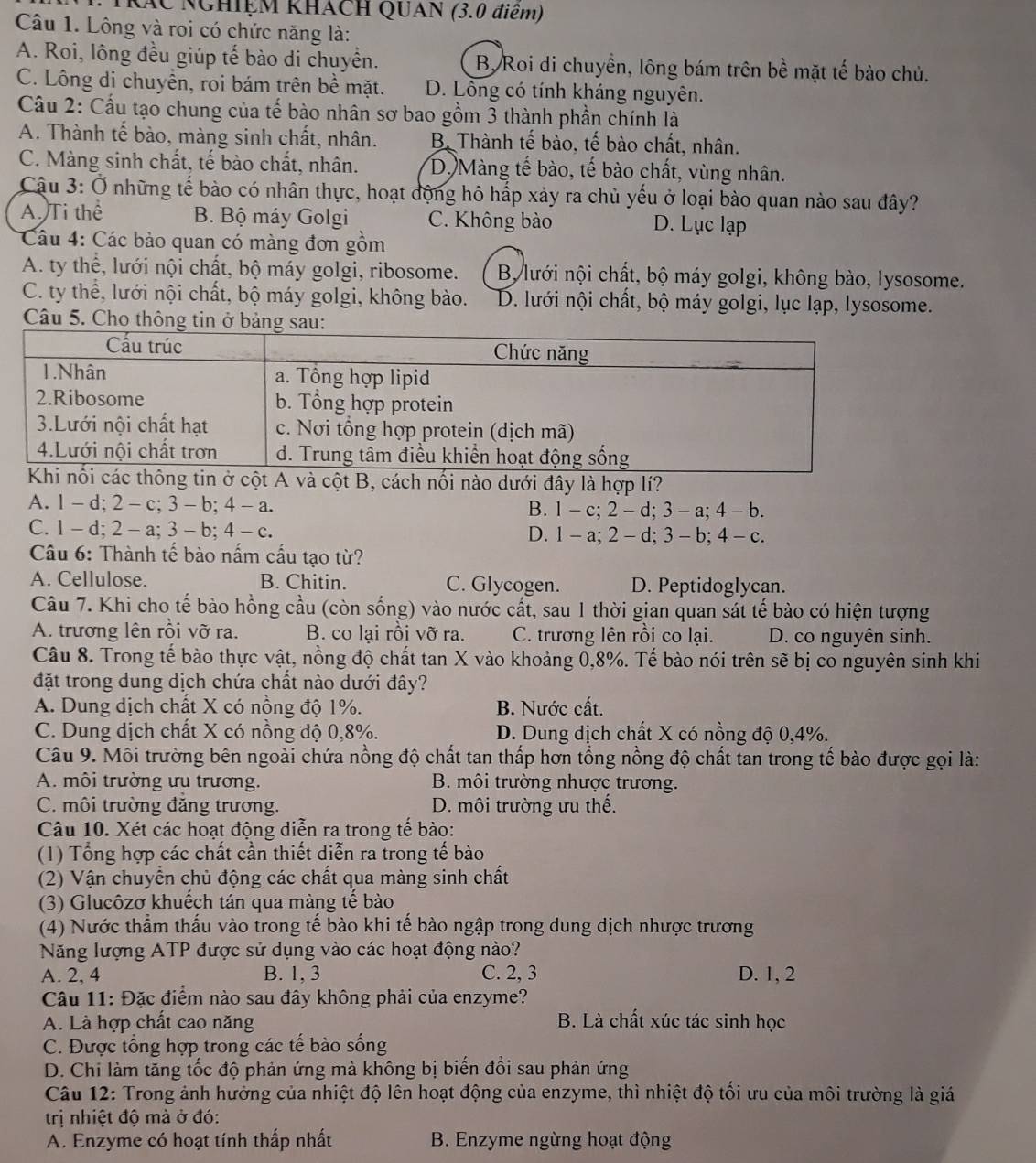 TráC NGHIệM KHÁCH QUAN (3.0 điểm)
Câu 1. Lông và roi có chức năng là:
A. Roi, lông đều giúp tế bào di chuyển. B. Roi di chuyển, lông bám trên bề mặt tế bào chủ.
C. Lông di chuyển, roi bám trên bề mặt. D. Lồng có tính kháng nguyên.
Cầu 2: Cầu tạo chung của tế bào nhân sơ bao gồm 3 thành phần chính là
A. Thành tế bào, màng sinh chất, nhân. B Thành tế bào, tế bào chất, nhân.
C. Màng sinh chất, tế bào chất, nhân. D. Màng tế bào, tế bào chất, vùng nhân.
Cậu 3: Ở những tế bào có nhân thực, hoạt động hô hấp xảy ra chủ yếu ở loại bào quan nào sau đây?
A. Ti thể B. Bộ máy Golgi C. Không bào D. Lục lạp
Câu 4: Các bào quan có màng đơn gồm
A. ty thể, lưới nội chất, bộ máy golgi, ribosome. B lưới nội chất, bộ máy golgi, không bào, lysosome.
C. ty thể, lưới nội chất, bộ máy golgi, không bào. D. lưới nội chất, bộ máy golgi, lục lạp, lysosome.
Câu 5. Cho thông tin ở bảng sau:
tin ở cột A và cột B, cách nối nào dưới đây là hợp lí?
A. 1 - d; 2 - c; 3-b:4-a.
B. 1-c;2-d;3-a;4-b.
C. 1- d; 2 - a;3 - b; 4 - c. D. 1-a;2-d;3-b;4-c.
Câu 6: Thành tế bào nấm cấu tạo từ?
A. Cellulose. B. Chitin. C. Glycogen. D. Peptidoglycan.
Câu 7. Khi cho tế bào hồng cầu (còn sống) vào nước cất, sau 1 thời gian quan sát tế bảo có hiện tượng
A. trương lên rồi vỡ ra. B. co lại rồi vỡ ra. C. trương lên rồi co lại. D. co nguyên sinh.
Câu 8. Trong tế bào thực vật, nồng độ chất tan X vào khoảng 0,8%. Tế bào nói trên sẽ bị co nguyên sinh khi
đặt trong dung dịch chứa chất nào dưới đây?
A. Dung dịch chất X có nồng độ 1%. B. Nước cất.
C. Dung dịch chất X có nồng độ 0,8%.  D. Dung dịch chất X có nồng độ 0,4%.
Câu 9. Môi trường bên ngoài chứa nồng độ chất tan thấp hơn tổng nồng độ chất tan trong tế bào được gọi là:
A. môi trường ưu trương. B. môi trường nhược trương.
C. môi trường đăng trương. D. môi trường ưu thế.
Câu 10. Xét các hoạt động diễn ra trong tế bào:
(1) Tổng hợp các chất cần thiết diễn ra trong tế bào
(2) Vận chuyển chủ động các chất qua màng sinh chất
(3) Glucôzơ khuếch tán qua màng tế bào
(4) Nước thẩm thấu vào trong tế bào khi tế bào ngập trong dung dịch nhược trương
Năng lượng ATP được sử dụng vào các hoạt động nào?
A. 2, 4 B. 1, 3 C. 2, 3 D. 1, 2
Câu 11: Đặc điểm nào sau đây không phải của enzyme?
A. Là hợp chất cao năng B. Là chất xúc tác sinh học
C. Được tổng hợp trong các tế bào sống
D. Chi làm tăng tốc độ phản ứng mà không bị biến đổi sau phản ứng
Câu 12: Trong ảnh hưởng của nhiệt độ lên hoạt động của enzyme, thì nhiệt độ tối ưu của môi trường là giá
trị nhiệt độ mà ở đó:
A. Enzyme có hoạt tính thấp nhất B. Enzyme ngừng hoạt động