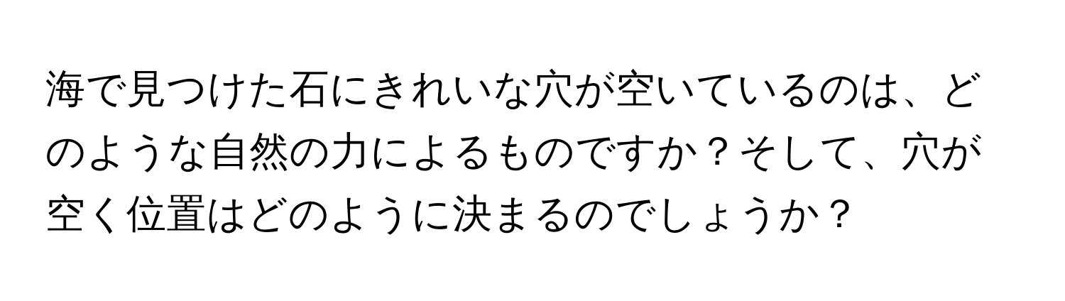 海で見つけた石にきれいな穴が空いているのは、どのような自然の力によるものですか？そして、穴が空く位置はどのように決まるのでしょうか？