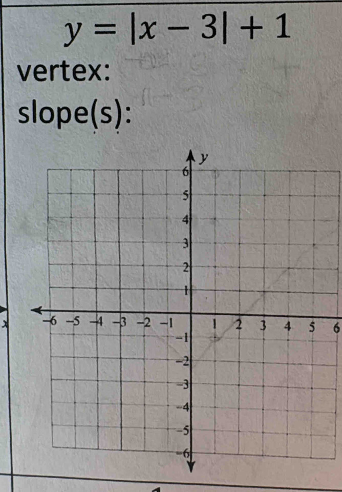 y=|x-3|+1
vertex: 
slope(s): 
6