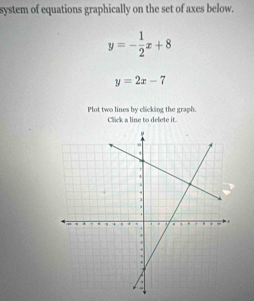 system of equations graphically on the set of axes below.
y=- 1/2 x+8
y=2x-7
Plot two lines by clicking the graph.
Click a line to delete it.