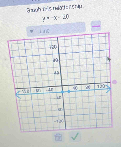 Graph this relationship:
y=-x-20
1