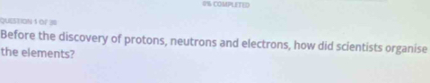 0% COMPLETED 
QuESTION 1 Of 3º 
Before the discovery of protons, neutrons and electrons, how did scientists organise 
the elements?