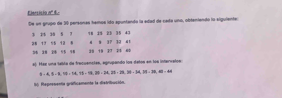 Ejercicio n° 6.- 
De un grupo de 30 personas hemos ido apuntando la edad de cada uno, obteniendo lo siguiente:
3 25 30 5 7 18 25 23 35 43
28 17 15 12 8 4 9 37 32 41
36 28 28 15 18 20 19 27 25 40
a) Haz una tabla de frecuencias, agrupando los datos en los intervalos:
0-4, 5-9, 10-14, 15-19, 20-24, 25-29, 30-34, 35-39, 40-44
b) Representa gráficamente la distribución.