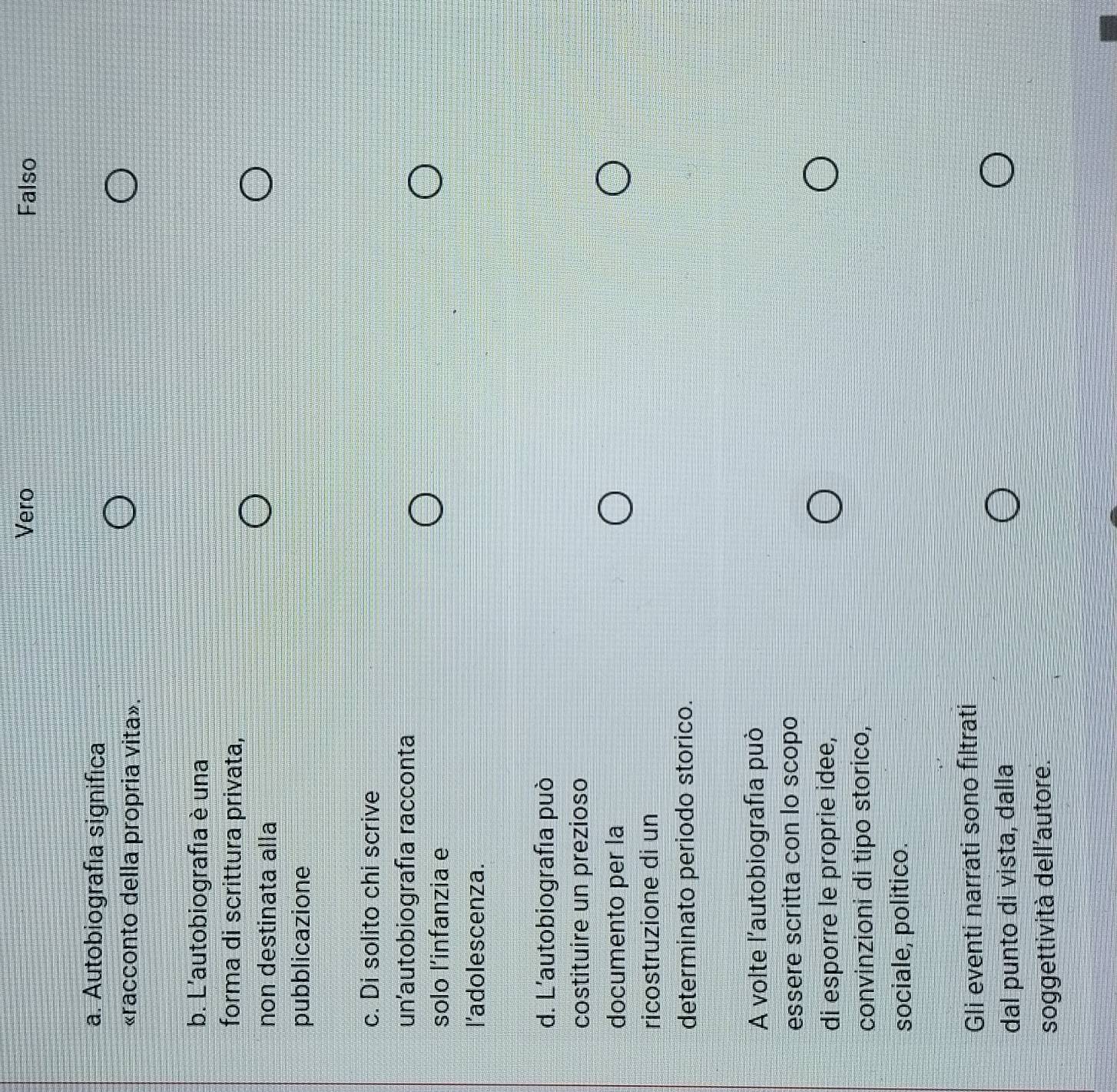 Vero Falso
a. Autobiografía significa
«racconto della propria vita».
b. L'autobiografia è una
forma di scrittura privata,
non destinata alla
pubblicazione
c. Di solito chi scrive
un'autobiografía racconta
solo l'infanzia e
l'adolescenza.
d. L'autobiografía può
costituire un prezioso
documento per la
ricostruzione di un
determinato periodo storico.
A volte l'autobiografía può
essere scritta con lo scopo
di esporre le proprie idee,
convinzioni di tipo storico,
sociale, politico.
Gli eventi narrati sono fıltrati
dal punto di vista, dalla
soggettività dell'autore.