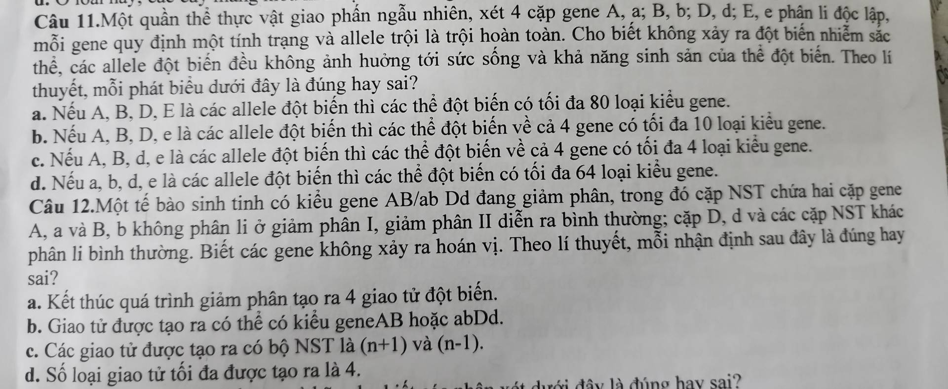 Câu 11.Một quần thể thực vật giao phần ngẫu nhiên, xét 4 cặp gene A, a; B, b; D, d; E, e phân li độc lập,
mỗi gene quy định một tính trạng và allele trội là trội hoàn toàn. Cho biết không xảy ra đột biến nhiễm sắc
thể, các allele đột biến đều không ảnh huởng tới sức sống và khả năng sinh sản của thể đột biển. Theo lí
thuyết, mỗi phát biểu dưới đây là đúng hay sai?
a. Nếu A, B, D, E là các allele đột biến thì các thể đột biến có tối đa 80 loại kiểu gene.
b. Nếu A, B, D, e là các allele đột biến thì các thể đột biến về cả 4 gene có tối đa 10 loại kiểu gene.
c. Nếu A, B, d, e là các allele đột biến thì các thể đột biến về cả 4 gene có tối đa 4 loại kiểu gene.
d. Nếu a, b, d, e là các allele đột biến thì các thể đột biến có tối đa 64 loại kiểu gene.
Câu 12.Một tế bào sinh tinh có kiểu gene AB/ab Dd đang giảm phân, trong đó cặp NST chứa hai cặp gene
A, a và B, b không phân li ở giảm phân I, giảm phân II diễn ra bình thường; cặp D, d và các cặp NST khác
phân li bình thường. Biết các gene không xảy ra hoán vị. Theo lí thuyết, mỗi nhận định sau đây là đúng hay
sai?
a. Kết thúc quá trình giảm phân tạo ra 4 giao tử đột biến.
b. Giao tử được tạo ra có thể có kiểu geneAB hoặc abDd.
c. Các giao tử được tạo ra có bộ NST là (n+1) và (n-1).
d. Số loại giao tử tối đa được tạo ra là 4.
đ  i  đ â  y là đúng hay sai?