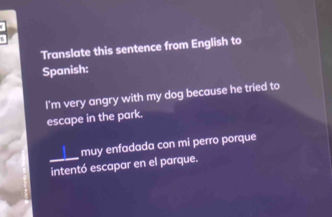 Translate this sentence from English to
Spanish:
I'm very angry with my dog because he tried to
escape in the park.
muy enfadada con mi perro porque
_intentó escapar en el parque.