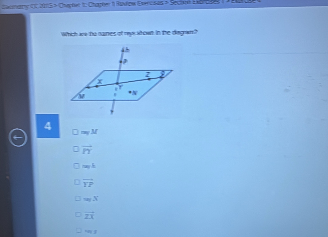 Geometr: CC 2015 > Chapter 1: Chapter 1 Review Exercises > Section Exercses ( > Eck
Which are the rrames of rays shown in the diagram?
4 ray M
vector PY
myh
vector YP
myN
vector ZX
m_g