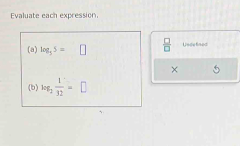 Evaluate each expression.
 □ /□  
(a) log _55=□ Undefined 
× 
(b) log _2 1/32 =□