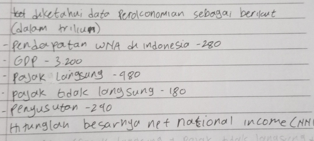 dketahui data perolconomian sebagai bericut 
(dlalam fril(um) 
- Penderpatan WHA oh indonesia -280
GDP - 3. 200
Pajok Langsang- 980
payak bdak longsung- 180
penyusuton- 290
Hrunglan besarnya net national income (HM