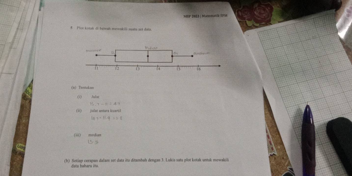 MJP 2023 | Matematik SPM
5 Plot kotak di bawah mewakili suatu set data.
(a) Tentukan
(i) Julat
7-11=4:
(ii) julat antara kuartil
n-1°
(iii) median
ues
avon
(b) Setiap cerapan dalam set data itu ditambah dengan 3. Lukis satu plot kotak untuk mewakili
data baharu itu.