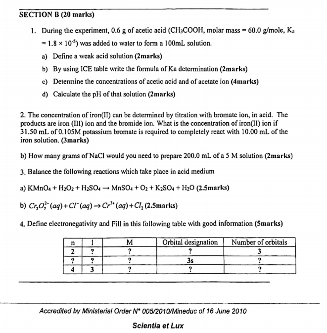 During the experiment, 0.6 g of acetic acid (CH₃COOH, molar mass =60.0g/mol e, K_a
=1.8* 10^(-5)) was added to water to form a 100mL solution. 
a) Define a weak acid solution (2marks) 
b) By using ICE table write the formula of Ka determination (2marks) 
c) Determine the concentrations of acetic acid and of acetate ion (4marks) 
d) Calculate the pH of that solution (2marks) 
2. The concentration of iron(II) can be determined by titration with bromate ion, in acid. The 
products are iron (III) ion and the bromide ion. What is the concentration of iron(II) ion if
31.50 mL of 0.105M potassium bromate is required to completely react with 10.00 mL of the 
iron solution. (3marks) 
b) How many grams of NaCl would you need to prepare 200.0 mL of a 5 M solution (2marks) 
3. Balance the following reactions which take place in acid medium 
a) KMnO_4+H_2O_2+H_2SO_4to MnSO_4+O_2+K_2SO_4+H_2O (2.5marks) 
b) Cr_2O_7^((2-)(aq)+Cl^-)(aq)to Cr^(3+)(aq)+Cl_2 (2.5 marks) 
4. Define electronegativity and Fill in this following table with good information (5marks) 
Accredited by Ministerial Order N° 005/2010/Mineduc of 16 June 2010 
Scientia et Lux