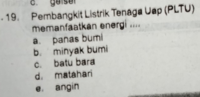 geiser
. 19. Pembangkit Listrik Tenaga Uap (PLTU)
memanfaatkan energi ....
a panas bumi
b. minyak bumi
c. batu bara
d. matahari
e angin