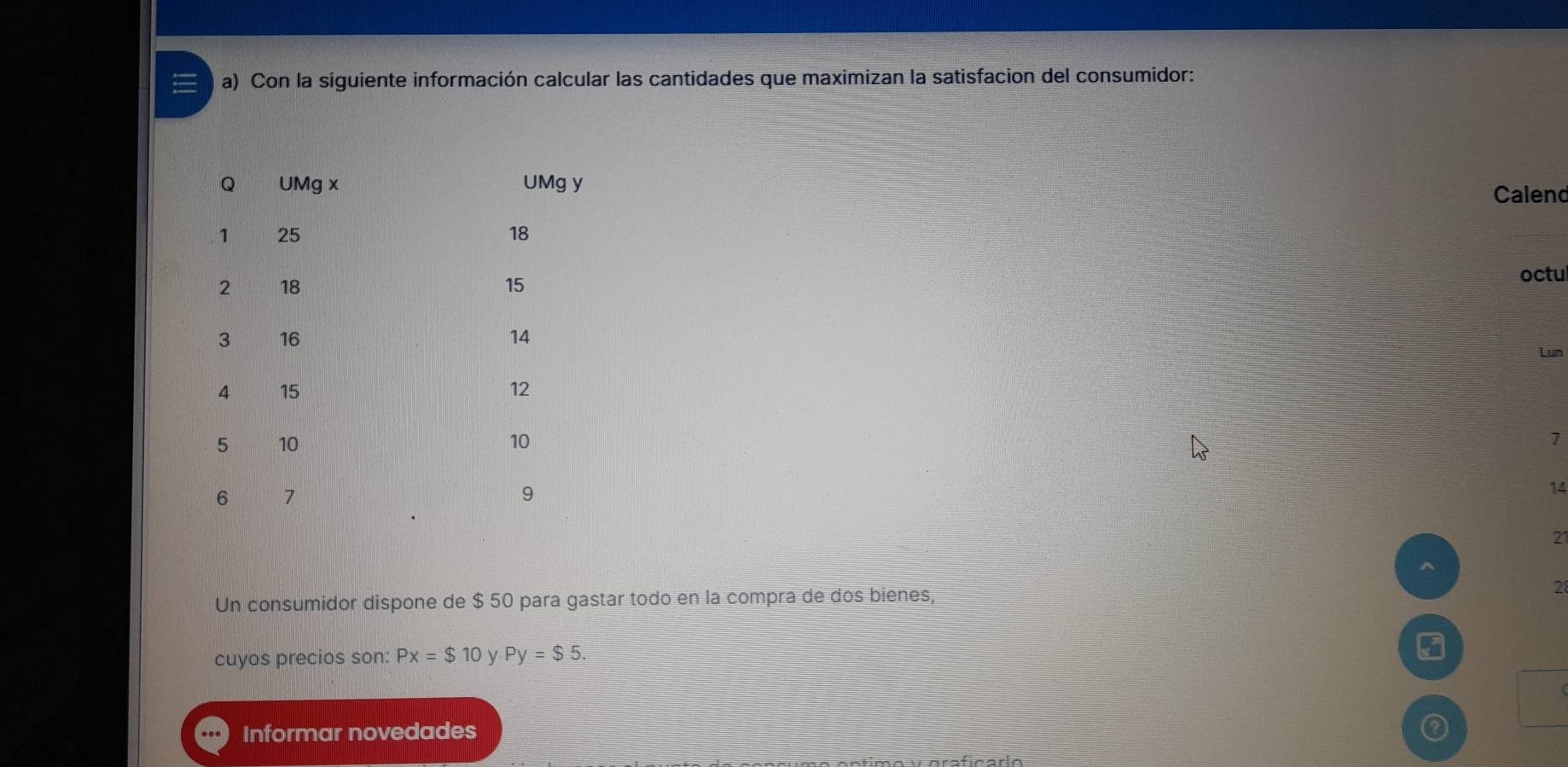 Con la siguiente información calcular las cantidades que maximizan la satisfacion del consumidor: 
Calend 
octu 
Lun 
1
14
21
Un consumidor dispone de $ 50 para gastar todo en la compra de dos bienes, 2 
cuyos precios son: Px=$10 y Py=$5. 
Informar novedades