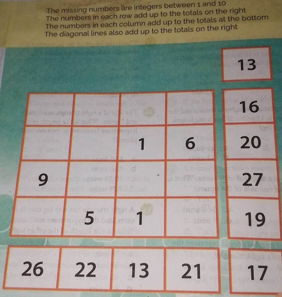 The missing numbers are integers between 1 and 10
The numbers in each row add up to the totals on the right 
The numbers in each column add up to the totals at the bottom 
The diagonal lines also add up to the totals on the right
13
7