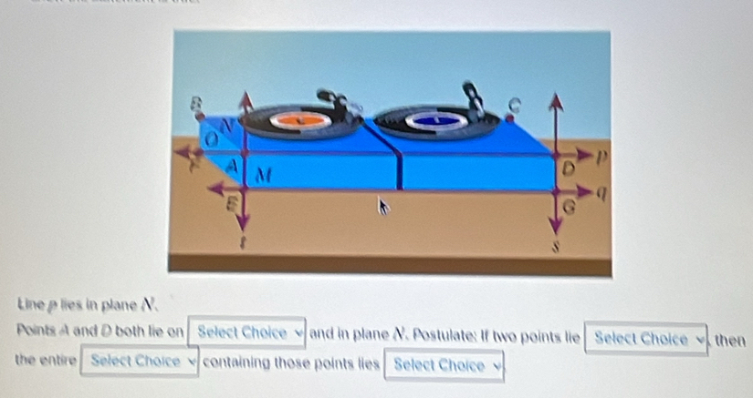 Lineplies in plane N. 
Points A and D both lie on Select Choice √ and in plane N. Postulate: If two points lie Select Choice then 
the entire Select Choice containing those points lies Select Choice