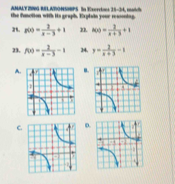 ANALYZING RELATIONSHIPS In Exercises 21-24, match 
the function with its graph. Explain your reasoning. 
21. g(x)= 2/x-3 +1 22. h(x)= 2/x+3 +1
23. f(x)= 2/x-3 -1 24. y= 2/x+3 -1
A. 
u. 
C. 
D.