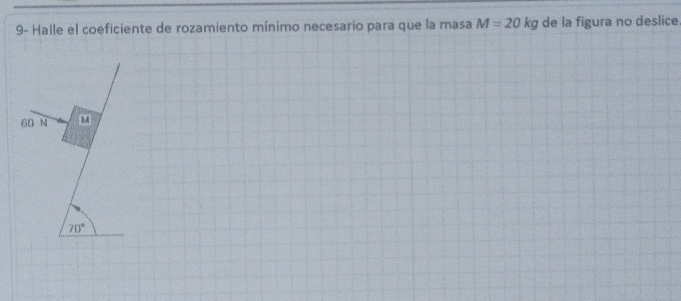 9- Halle el coeficiente de rozamiento mínimo necesario para que la masa M=20kg de la figura no deslice