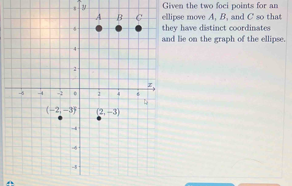 Solved: Given the two foci points for an pse move A, B, and C so that y ...