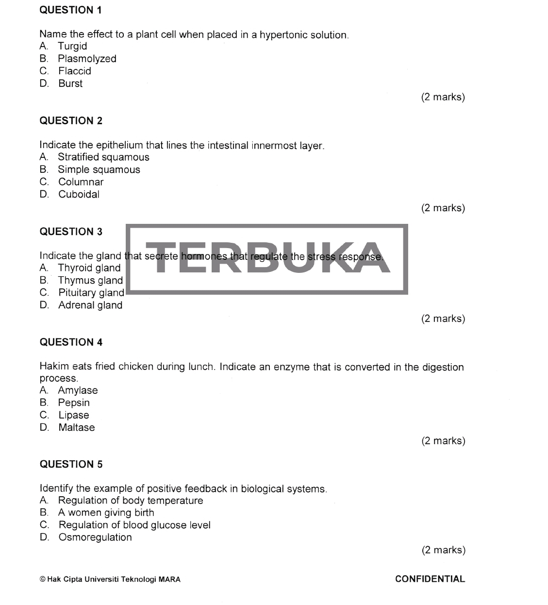 Name the effect to a plant cell when placed in a hypertonic solution.
A. Turgid
B. Plasmolyzed
C. Flaccid
D. Burst
(2 marks)
QUESTION 2
Indicate the epithelium that lines the intestinal innermost layer.
A. Stratified squamous
B. Simple squamous
C. Columnar
D. Cuboidal
(2 marks)
QUESTION 3
Indicate the gland that secrete hormones that regulate the stress response.
A. Thyroid gland
B. Thymus gland
C. Pituitary gland
D. Adrenal gland
(2 marks)
QUESTION 4
Hakim eats fried chicken during lunch. Indicate an enzyme that is converted in the digestion
process.
A. Amylase
B. Pepsin
C. Lipase
D. Maltase
(2 marks)
QUESTION 5
Identify the example of positive feedback in biological systems.
A. Regulation of body temperature
B. A women giving birth
C. Regulation of blood glucose level
D. Osmoregulation
(2 marks)
© Hak Cipta Universiti Teknologi MARA CONFIDENTIAL