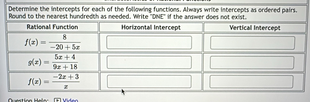 Determine the intercepts for each of the following functions. Always write intercepts as ordered pairs.
Round to the nearest hundredth as needed. Write ''DNE'' if the answer does not exist.
Question Heln:   [   V ideo