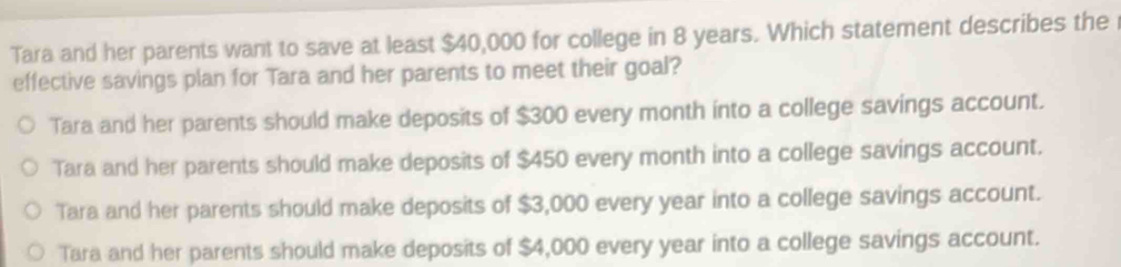 Tara and her parents want to save at least $40,000 for college in 8 years. Which statement describes the 
effective savings plan for Tara and her parents to meet their goal?
Tara and her parents should make deposits of $300 every month into a college savings account.
Tara and her parents should make deposits of $450 every month into a college savings account.
Tara and her parents should make deposits of $3,000 every year into a college savings account.
Tara and her parents should make deposits of $4,000 every year into a college savings account.