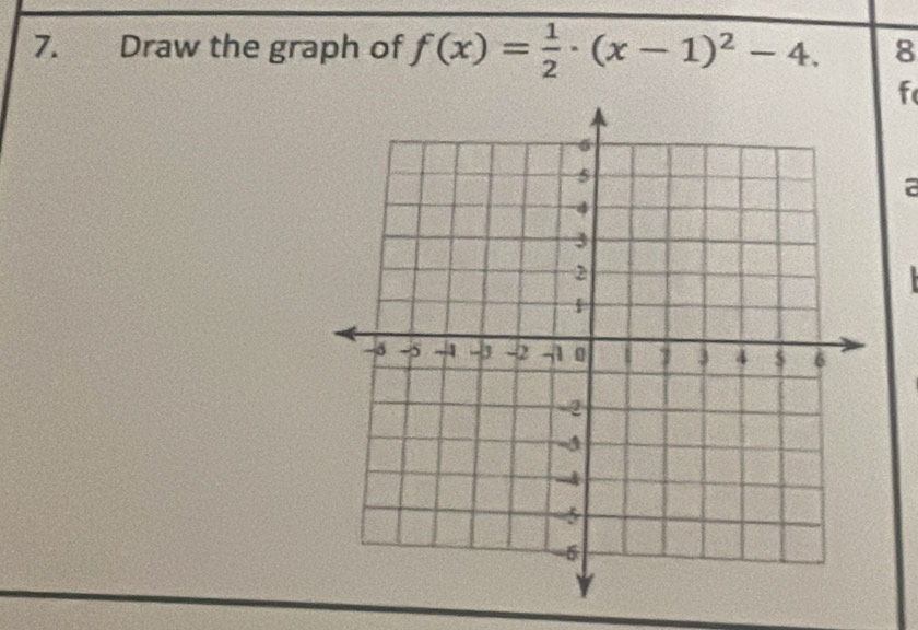 Draw the graph of f(x)= 1/2 · (x-1)^2-4. 8
f
a