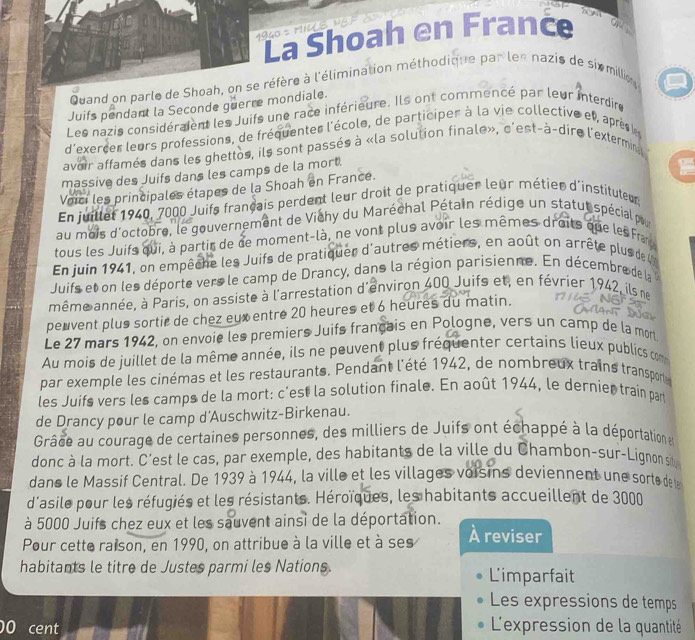 La Shoah en France  
        
Cnk
Quand on parle de Shoah, on se réfère à l'élimination méthodique par les nazis de sixmillio
Juifs pendant la Seconde guerre mondiale.
Les nazis considéraient les Juifs une race inférieure. Ils ont commencé par leur interdire
d'exercer leurs professions, de fréquenter l'école, de participer à la vie collective et, après le
avoir affamés dans les ghettos, ils sont passés à «la solution finale», c'est-à-dire l'extermin
massive des Juifs dans les camps de la mort.
I
Voici les principales étapes de la Shoah en France.
En juillet 1940, 7000 Juifs français perdent leur droit de pratiquer leur métier d'instituteur
au mois d'octobre, le gouvernement de Vichy du Maréchal Pétain rédige un statut spécial p
tous les Juifs qui, à partir de de moment-là, ne vont plus avoir les mêmes droits que les Far
En juin 1941, on empêche les Juifs de pratiquer d'autres métiers, en août on arrête plus de l
Juifs et on les déporte vers le camp de Drancy, dans la région parisienne. En décembre de la
même année, à Paris, on assiste à l'arrestation d'environ 400 Juifs et, en février 1942, il ne
peuvent plus sortir de chez eux entre 20 heures et 6 heures du matin.
Le 27 mars 1942, on envoie les premiers Juifs français en Pologne, vers un camp de la mon
Au mois de juillet de la même année, ils ne peuvent plus fréquenter certains lieux publics om
par exemple les cinémas et les restaurants. Pendant l'été 1942, de nombreux trains transporte
les Juifs vers les camps de la mort: c'est la solution finale. En août 1944, le dernier train par
de Drancy pour le camp d'Auschwitz-Birkenau.
Grâce au courage de certaines personnes, des milliers de Juifs ont échappé à la déportation et
donc à la mort. C'est le cas, par exemple, des habitants de la ville du Chambon-sur-Lignon su
dans le Massif Central. De 1939 à 1944, la ville et les villages voisins deviennent une sorte de le 
d'asile pour les réfugiés et les résistants. Héroïques, les habitants accueillent de 3000
à 5000 Juifs chez eux et les sauvent ainsi de la déportation.
Pour cette raison, en 1990, on attribue à la ville et à ses À reviser
habitants le titre de Justes parmi les Nations. L'imparfait
Les expressions de temps
00 cent  L'expression de la quantité