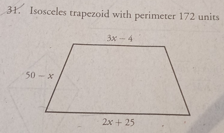 Isosceles trapezoid with perimeter 172 units