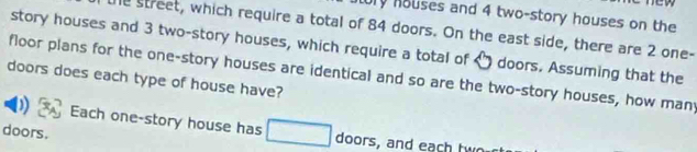 Ury houses and 4 two-story houses on the 
te street, which require a total of 84 doors. On the east side, there are 2 one- 
story houses and 3 two-story houses, which require a total of 〇 doors. Assuming that the 
doors does each type of house have? floor plans for the one-story houses are identical and so are the two-story houses, how many 
Each one-story house has □ doors, and each two 
doors.