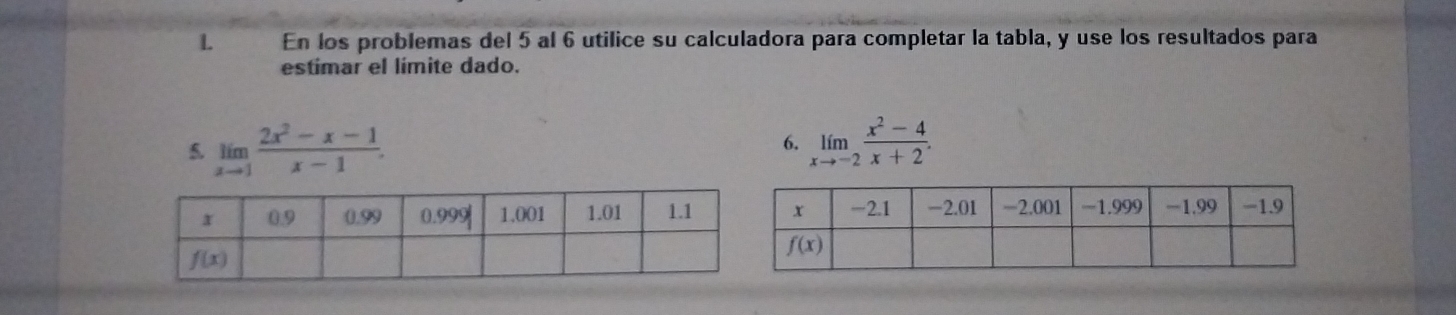 En los problemas del 5 al 6 utilice su calculadora para completar la tabla, y use los resultados para
estimar el límite dado.
5. limlimits _xto 1 (2x^2-x-1)/x-1 . limlimits _xto -2 (x^2-4)/x+2 .
6.