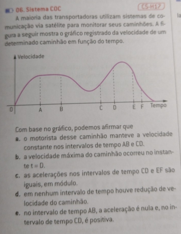 € 06. Sistema COC
C5-H17
A maioria das transportadoras utilizam sistemas de co- la
municação via satélite para monitorar seus caminhões. A fi-
gura a seguir mostra o gráfico registrado da velocidade de um
determinado caminhão em função do tempo.
Com base no gráfico, podemos afirmar que
a, o motorista desse caminhão manteve a velocidade
constante nos intervalos de tempo AB e CD.
b. a velocidade máxima do caminhão ocorreu no instan-
te t=D.
c. as acelerações nos intervalos de tempo CD e EF são
iguais, em módulo.
d. em nenhum intervalo de tempo houve redução de ve-
locidade do caminhão.
e. no intervalo de tempo AB, a aceleração é nula e, no in-
tervalo de tempo CD, é positiva.