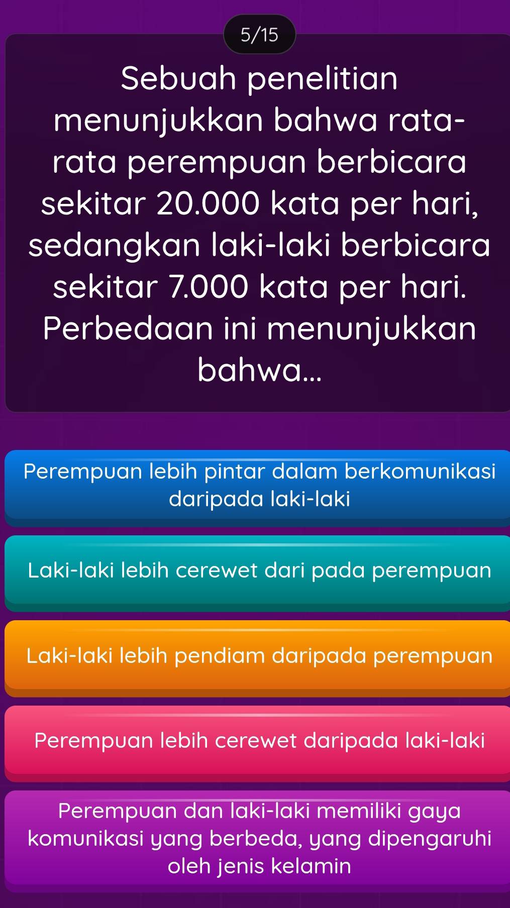 5/15
Sebuah penelitian
menunjukkan bahwa rata-
rata perempuan berbicara
sekitar 20.000 kata per hari,
sedangkan laki-laki berbicara
sekitar 7.000 kata per hari.
Perbedaan ini menunjukkan
bahwa...
Perempuan lebih pintar dalam berkomunikasi
daripada laki-laki
Laki-laki lebih cerewet dari pada perempuan
Laki-laki lebih pendiam daripada perempuan
Perempuan lebih cerewet daripada laki-laki
Perempuan dan laki-laki memiliki gaya
komunikasi yang berbeda, yang dipengaruhi
oleh jenis kelamin