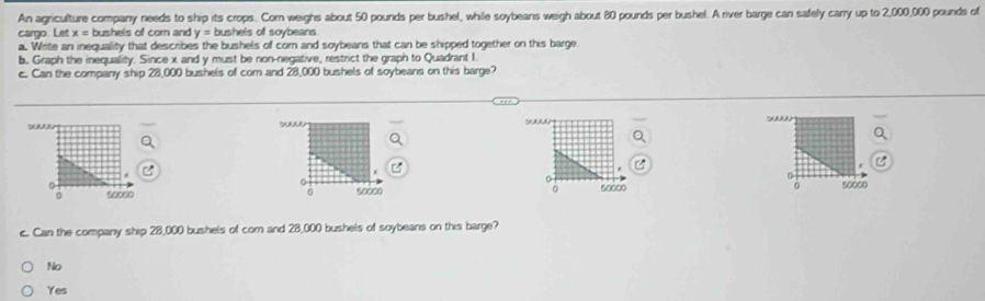 An agriculture company needs to ship its crops. Corn weighs about 50 pounds per bushel, while soybeans weigh about 80 pounds per bushel. A river barge can safely carry up to 2,000,000 pounds of
cargo. Let x = bushels of corn and y= bushels of soybeans
a. Write an inequality that describes the bushels of com and soybeans that can be shipped together on this barge.
b. Graph the inequality. Since x and y must be non-negative, restrict the graph to Quadrant I.
c. Can the company ship 28,000 bushels of corn and 28,000 bushels of soybeans on this barge?
0
0
o 50000 50000
50000 0 50000 。 0
c. Can the company ship 28,000 bushels of com and 28,000 bushels of soybeans on this barge?
No
Yes