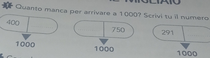 SLIAIO 
Quanto manca per arrivare a 1000? Scrivi tu il numero
400
750 291
1000 1000
1000