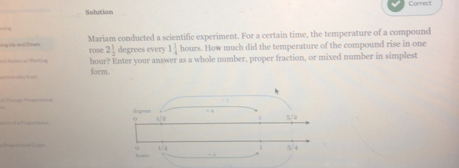 Solution Correct
i
ing Up and Down Mariam conducted a scientific experiment. For a certain time, the temperature of a compound
rose 2 1/2  degrees every 1 1/4  hours. How much did the temperature of the compound rise in one
=== Ratis wi Plotting hour? Enter your answer as a whole number, proper fraction, or mixed number in simplest
portionality from form.
of Change Proportional
srea sé a Proportiona
Pruporbonal Grach