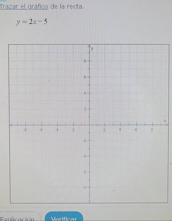 Trazar el gráfico de la recta.
y=2x-5
x
Explicación Merificar