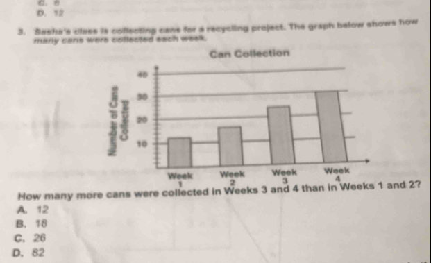 C. B
D. 12
3. Sasha's class is collecting cans for a recycling project. The graph below shows how
many cans were collected each week.
Can Collection
How many more cans were collected in Weeks 3 and 4 than inand 2?
A. 12
B. 18
C. 26
D. 82