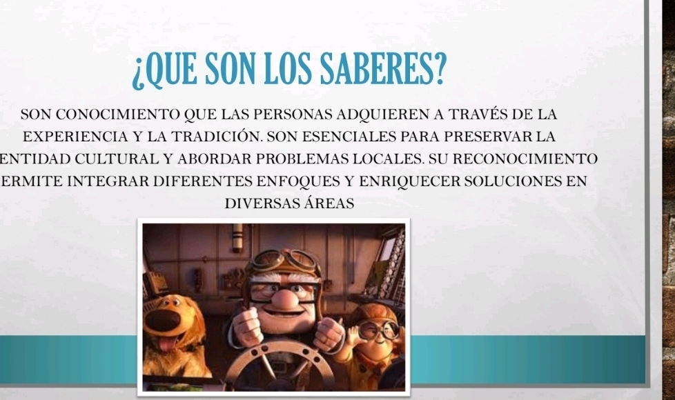 ¿QUE SON LOS SABERES? 
SON CONOCIMIENTO QUE LAS PERSONAS ADQUIEREN A TRAVÉS DE LA 
EXPERIENCIA Y LA TRADICIÓN. SON ESENCIALES PARA PRESERVAR LA 
ENTIDAD CULTURAL Y ABORDAR PROBLEMAS LOCALES. SU RECONOCIMIENTO 
ERMITE INTEGRAR DIFERENTES ENFOQUES Y ENRIQUECER SOLUCIONES EN 
DIVERSAS ÁREAS