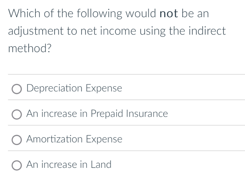 Which of the following would not be an
adjustment to net income using the indirect
method?
Depreciation Expense
An increase in Prepaid Insurance
Amortization Expense
An increase in Land