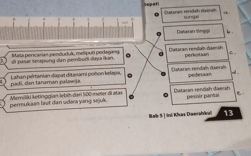 tepat!
Dataran rendah daerah q 、
8 L 9 S p ε 0
sungai
wə
Dataran tinggi b、
Mata pencarian penduduk, meliputi pedagang Dataran rendah daerah
3) di pasar terapung dan pembudi daya ikan. perkotaan C、
Lahan pertanian dapat ditanami pohon kelapa, Dataran rendah daerah
pedesaan d.
4. padi, dan tanaman palawija.
,
Memiliki ketinggian lebih dari 500 meter di atas Dataran rendah daerah
. permukaan laut dan udara yang sejuk. pesisir pantai
Bab 5 | Ini Khas Daerahku! 13