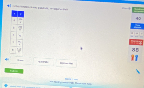 Is this function linear; quadratic, or exponential?
Video ⑧ Questions
40
elapsed fime
09 
SmartScore
at of 200 .
88
a
(1) linear quadratic exponential
Submit
Work it out
Not feeling ready yet? These can help:
=sar and exgerentl