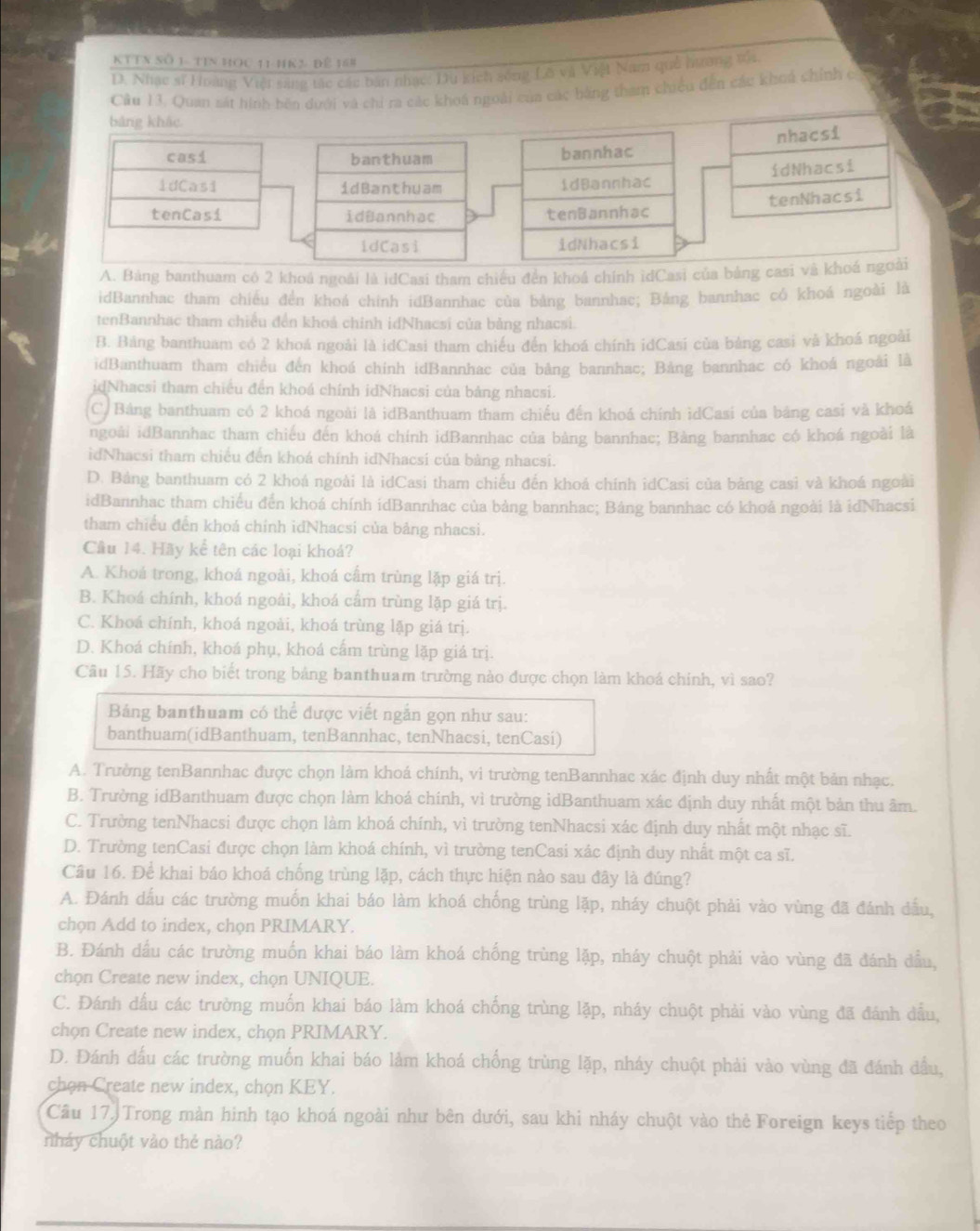 KTTN Số 1- tIn HOc 11 HK2 để 168
D. Nhạc sĩ Hoàng Việt săng tác các bản nhạc: Du kích sống Lỡ và Việt Nam quê hương tối
ủa các bằng tham chiều đến các khoá chính có
A. Bảng banthuam có 2 khoá ngoài là idCasi tham chiều đến khoá chính idCasi của b
idBannhac tham chiều đền khoá chính idBannhac của bảng bannhac; Bảng bannhac có khoá ngoài là
tenBannhạc tham chiều đến khoá chính idNhacsi của bảng nhạcsi.
B. Bảng banthuam có 2 khoá ngoài là idCasi tham chiếu đến khoá chính idCasi của bảng casi và khoá ngoài
idBanthuam tham chiều đến khoá chính idBannhac của bảng bannhac; Bảng bannhac có khoá ngoài là
jdNhacsi tham chiếu đến khoá chính idNhacsi của bảng nhacsi.
C) Bảng banthuam có 2 khoá ngoài là idBanthuam tham chiếu đến khoá chính idCasi của bảng casi và khoá
ngoài idBannhac tham chiếu đến khoá chính idBannhac của bảng bannhac; Bàng bannhac có khoá ngoài là
idNhacsi tham chiếu đến khoá chính idNhacsí của bảng nhacsi.
D. Bảng banthuam có 2 khoá ngoài là idCasi tham chiếu đến khoá chính idCasi của bảng casi và khoá ngoài
idBannhac tham chiều đến khoá chính idBannhac của bảng bannhac; Bảng bannhac có khoả ngoài là idNhacsi
tham chiều đến khoá chính idNhacsi của bảng nhacsi.
Cầu 14. Hãy kể tên các loại khoá?
A. Khoá trong, khoá ngoài, khoá cầm trùng lặp giá trị.
B. Khoá chính, khoá ngoài, khoá cẩm trùng lặp giá trị.
C. Khoá chính, khoá ngoài, khoá trùng lặp giá trị.
D. Khoá chính, khoá phụ, khoá cấm trùng lặp giá trị.
Câu 15. Hãy cho biết trong bảng banthuam trường nào được chọn làm khoá chính, vì sao?
Bảng banthuam có thể được viết ngắn gọn như sau:
banthuam(idBanthuam, tenBannhac, tenNhacsi, tenCasi)
A. Trường tenBannhac được chọn làm khoá chính, vi trường tenBannhac xác định duy nhất một bản nhạc.
B. Trường idBanthuam được chọn làm khoá chính, vì trường idBanthuam xác định duy nhất một bản thu âm.
C. Trường tenNhacsi được chọn làm khoá chính, vì trường tenNhacsi xác định duy nhất một nhạc sĩ.
D. Trường tenCasi được chọn làm khoá chính, vì trường tenCasi xác định duy nhất một ca sĩ.
Câu 16. Để khai báo khoá chống trùng lặp, cách thực hiện nào sau đây là đúng?
A. Đánh dấu các trường muốn khai báo làm khoá chống trùng lặp, nháy chuột phải vào vùng đã đánh dầu,
chọn Add to index, chọn PRIMARY.
B. Đánh dầu các trường muốn khai báo làm khoá chống trùng lặp, nháy chuột phải vào vùng đã đánh đầu,
chọn Create new index, chọn UNIQUE.
C. Đánh dầu các trường muốn khai báo làm khoá chống trùng lặp, nháy chuột phải vào vùng đã đánh đầu,
chọn Create new index, chọn PRIMARY.
D. Đánh dấu các trường muốn khai báo làm khoá chống trùng lặp, nháy chuột phải vào vùng đã đánh đầu,
chọn Create new index, chọn KEY.
Cầu 17. Trong màn hình tạo khoá ngoài như bên dưới, sau khi nháy chuột vào thẻ Foreign keys tiếp theo
nhảy chuột vào thẻ nào?