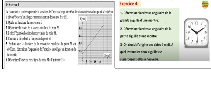 + Exercice 4 : Exercice 4:
Le document ci-contre représente la variation de l'abscisse angulaire θ en fonction du temps d'un point M situé sur  1- Déterminer la vitesse angulaire de la
la circonférence d'un disque en rotation autour de son axe fixe (A). 
1. Quelle est la nature du mouvement ?grande aiguille d’une montre.
11 12
2. Déterminer la valeur de la vitesse angulaire du point M. 2- Déterminer la vitesse angulaire de la 10 2°
3. Ecrire l'équation horaire du mouvement du point M.  . 8 . 9 3-
4. Calculer la période et la fréquence du point M.petite aiguille d’une montre.
4.
5. Sachant que le diamètre de la trajectoire circulaire du point M est 3- On choisit l'origine des dates à midi. A 7 a 5
d=30cm, déterminer l'expression de l'abscisse curviligne en fonction du
temps s(t).  quel instant les deux aiguilles se
6. Déterminer l'abscisse curviligne du point M à l'instant t=15s superposent-elles à nouveau.