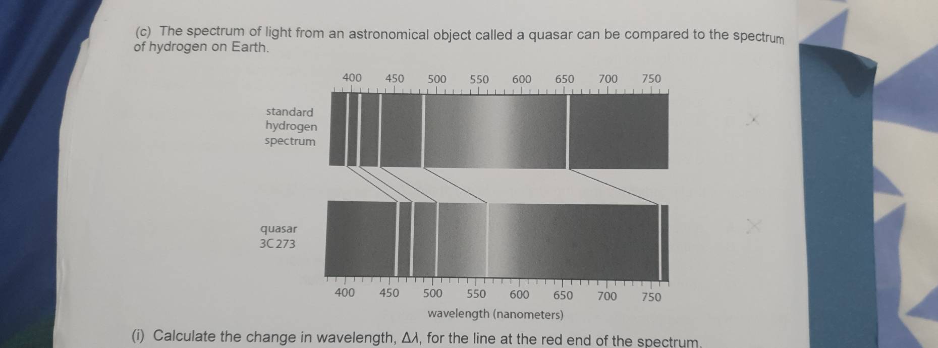 The spectrum of light from an astronomical object called a quasar can be compared to the spectrum 
of hydrogen on Earth. 
(i) Calculate the change in wavelength, △ lambda , for the line at the red end of the spectrum.