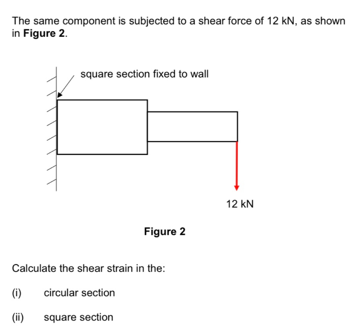 The same component is subjected to a shear force of 12 kN, as shown 
in Figure 2. 
square section fixed to wall
12 kN
Figure 2 
Calculate the shear strain in the: 
(i) circular section 
(ii) square section