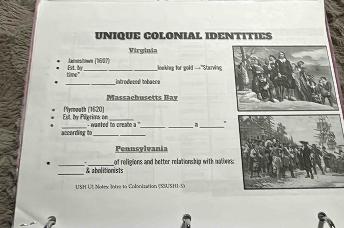 UNIQUE COLONIAL IDENTITIES 
Virginia 
Jamestown (1607) 
Est. by_ _looking for gold →"Starving 
time" 
_ 
_introduced tobacco 
Massachusetts Bay 
Plymouth (1620) 
Est. by Pilgrims on_ 
_- wanted to create a ''_ _a_ ” 
according to_ 
_ 
Pennsylvania 
_、 _of religions and better relationship with natives; 
_& abolitionists 
USH U1 Notes: Intro to Colonization (SSUSH1-5)