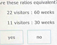 Are these ratios equivalent?
22 visitors : 60 weeks
11 visitors : 30 weeks
yes no