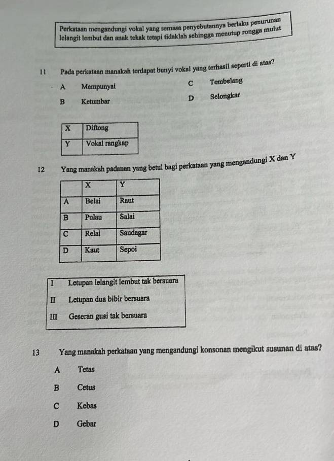 Perkataan mengandungi vokal yang semasa penyebutannya berlaku penurunan
lelangit lembut dan anak tekak tetapi tidaklah sehingga menutup rongga mulut
l 1 Pada perkataan manakah terdapat bunyi vokal yang terhasil seperti di atas?
A Mempunyai
C Tembelang
B Ketumbar D Selongkar
12 Yang manaksh padanan yang betul bagi perkataan yang mengandungi X dan Y
1 Letupan lelangit lembut tak bersuara
II Letupan dua bibir bersuara
III Geseran gusi tak bersuara
13 Yang manakah perkataan yang mengandungi konsonan mengikut susunan di atas?
A Tetas
B Cetus
C Kebas
D Gebar