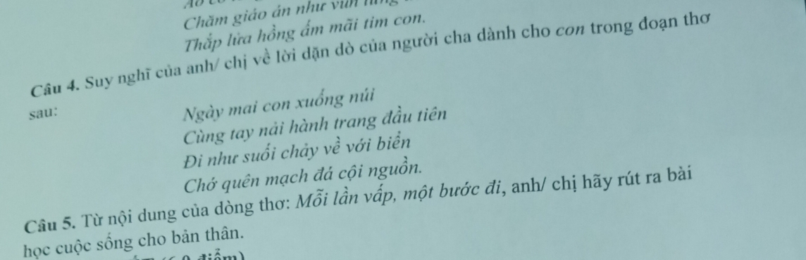 Ao 
Chăm giáo án như văn ho 
Thắp lửa hồng ấm mãi tim con. 
Câu 4. Suy nghĩ của anh/ chị về lời dặn dò của người cha dành cho cơn trong đoạn thơ 
sau: 
Ngày mai con xuống núi 
Cùng tay nải hành trang đầu tiên 
Đi như suối chảy về với biển 
Chớ quên mạch đá cội nguồn. 
Câu 5. Từ nội dung của dòng thơ: Mỗi lần vấp, một bước đi, anh/ chị hãy rút ra bài 
học cuộc sống cho bản thân.